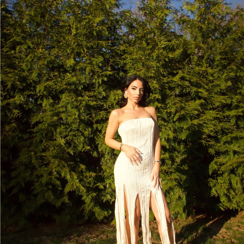 naked wardrobe Ivory Strapless Fringe Maxi Dress - Picture 2 of 3